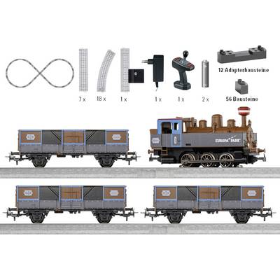 Model train set shows parts inventory and three build options for a brown 'EUROPA PARK' locomotive with matching freight wagons.