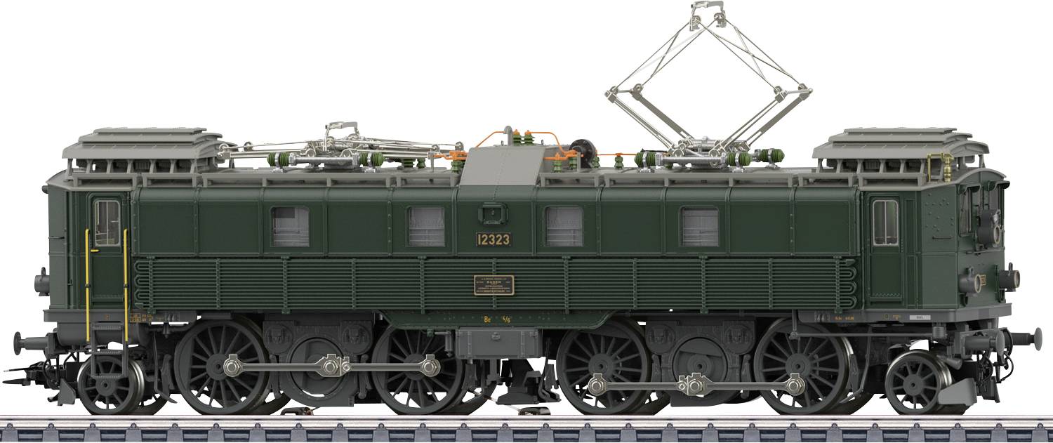 Side view of a dark green electric locomotive with raised pantograph, number 12333, shown isolated on a white background.