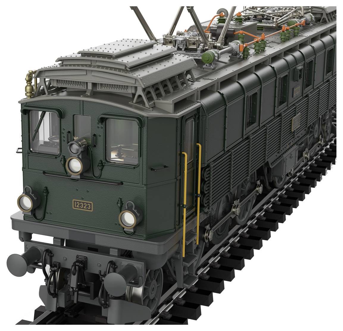 Green electric locomotive train viewed from the front-left, with overhead pantograph equipment and numbered 12323 on the cab.