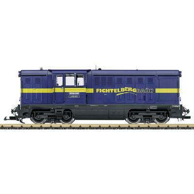 Blue-and-yellow Fichtelbergbahn locomotive shown in profile on tracks, labeled 'FICHTELBERG BAHN' on the side.