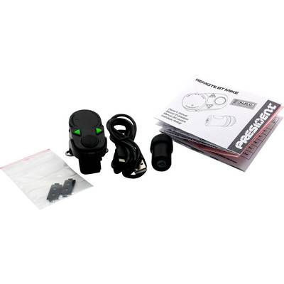 Remote Bt mic kit with black control unit, cable, clip-on mic, small parts bag, and instruction manual on a white background.