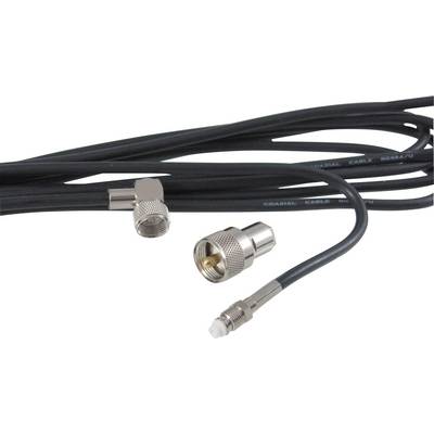 Coaxial cable with two metal F-type connectors and one smaller threaded connector on a white background.
