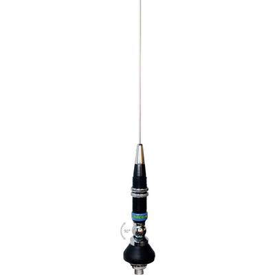 A tall, thin antenna with a black base and chrome connector, shown standing upright on a white background.