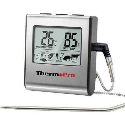ThermoPro digital meat thermometer with probe displays 26°C current temperature and 85°C set temperature, with rare to well doneness indicators.
