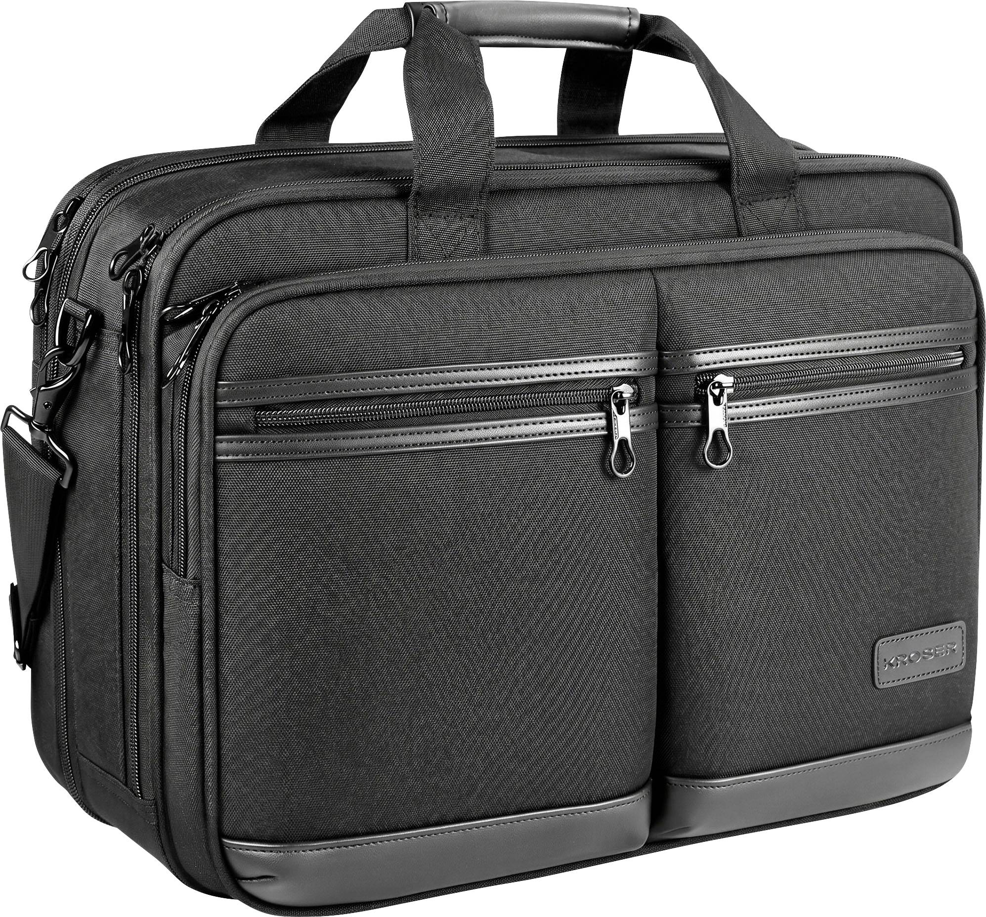 Black padded briefcase with top handle, shoulder strap, and multiple zippered front pockets on a white background.