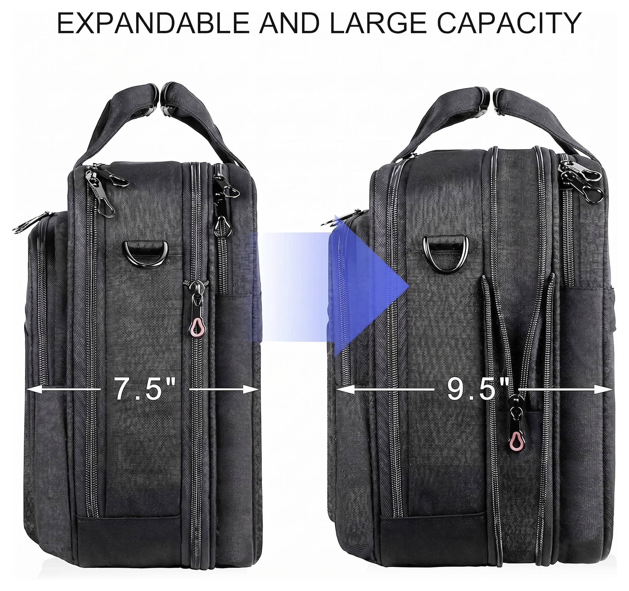 Expandable black bag shown smaller at 7.5 inches and expanded to 9.5 inches, highlighting large capacity.