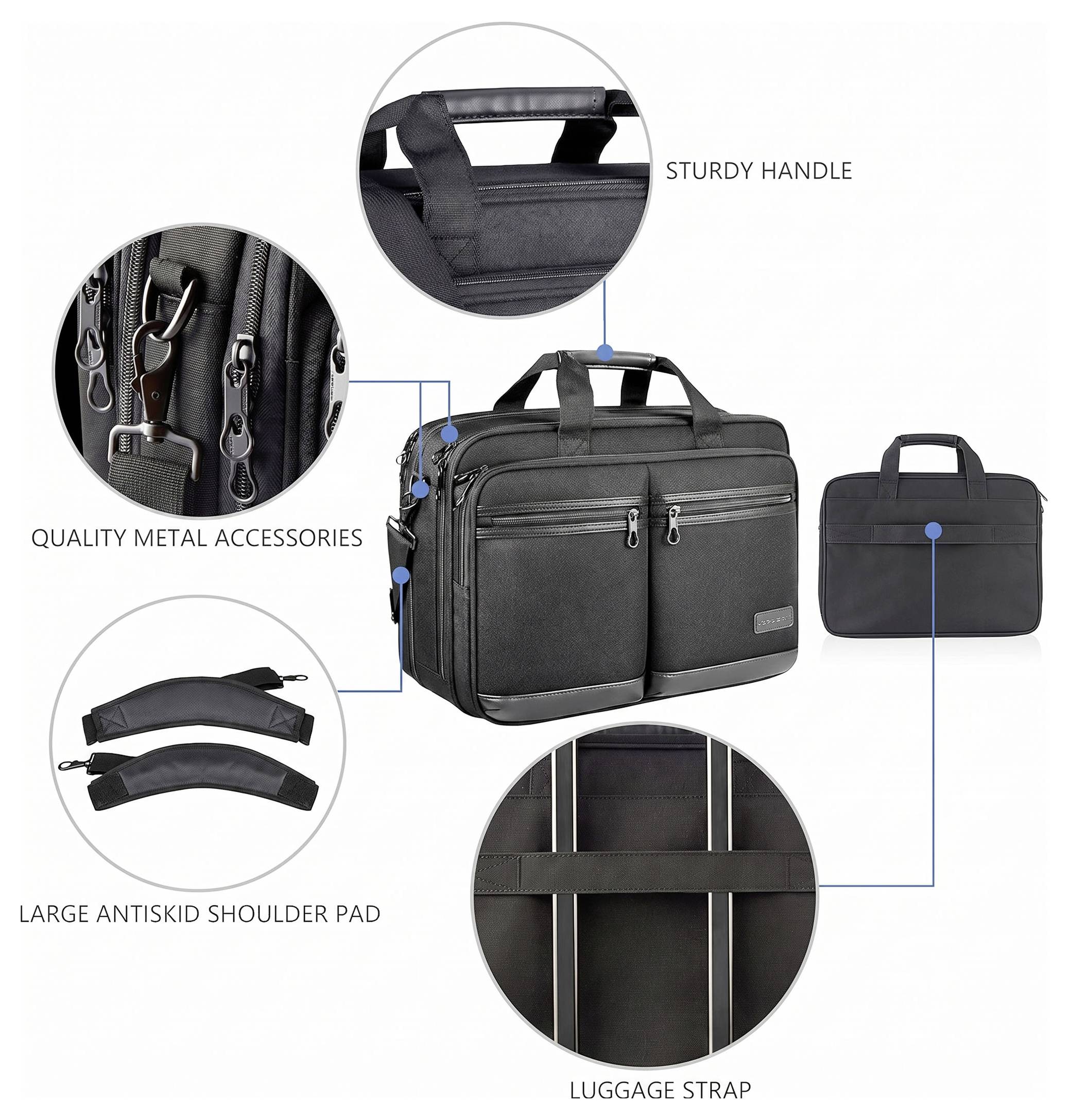 Product infographic of a black briefcase and matching shoulder bag, highlighting sturdy handle, metal zippers, large antiskid shoulder pad, and luggage strap.