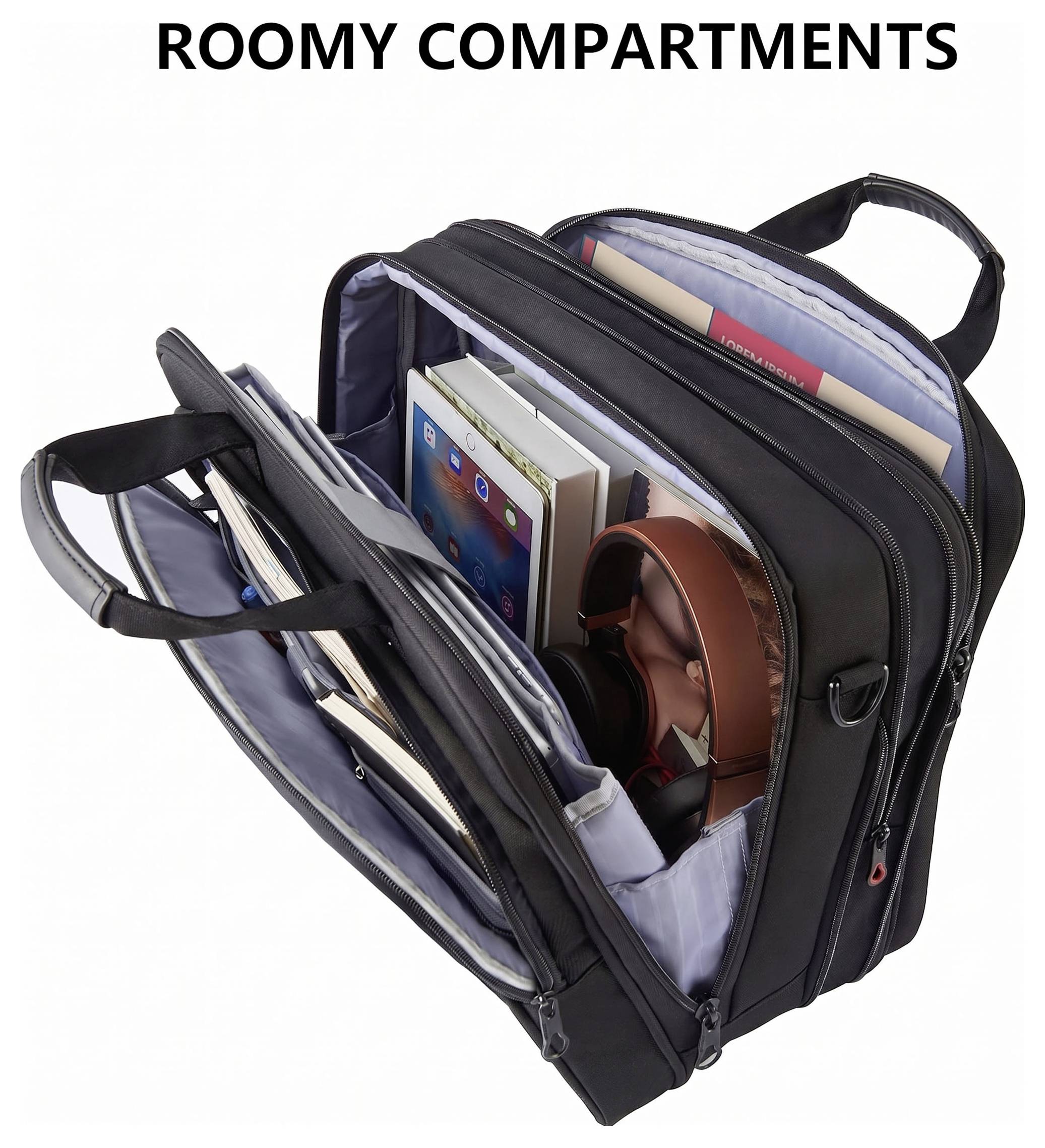 Black laptop backpack shown open with multiple compartments holding books, a tablet, and over-ear headphones; text reads 'ROOMY COMPARTMENTS'.