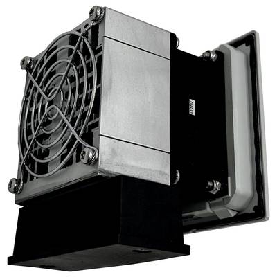 Industrial electronic cooling unit with fan and heat sink mounted on a black metal bracket, shown on a white background.