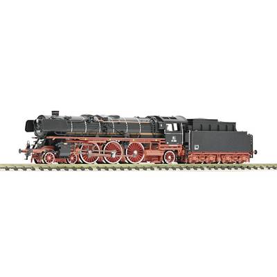 Side view of a black steam locomotive with red wheels and undercarriage, shown on a white background.