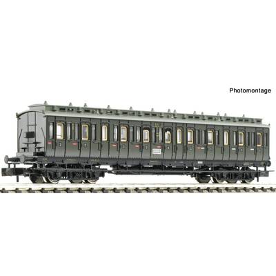 Side view of a dark gray vintage passenger train carriage model on track, labeled 'Photomontage' in the corner.<br>