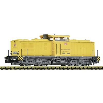 Yellow Deutsche Bahn diesel locomotive shown in side view on tracks.