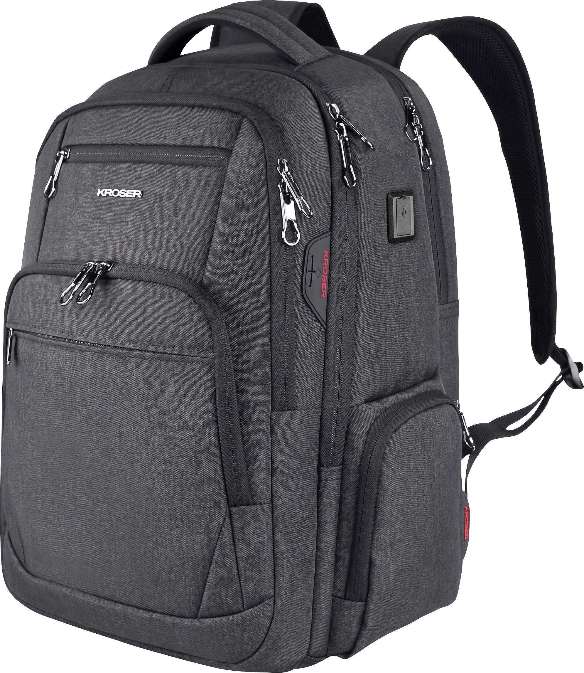 Black KROSER backpack with multiple zippered compartments, side pockets, and padded shoulder straps, shown on a white background.