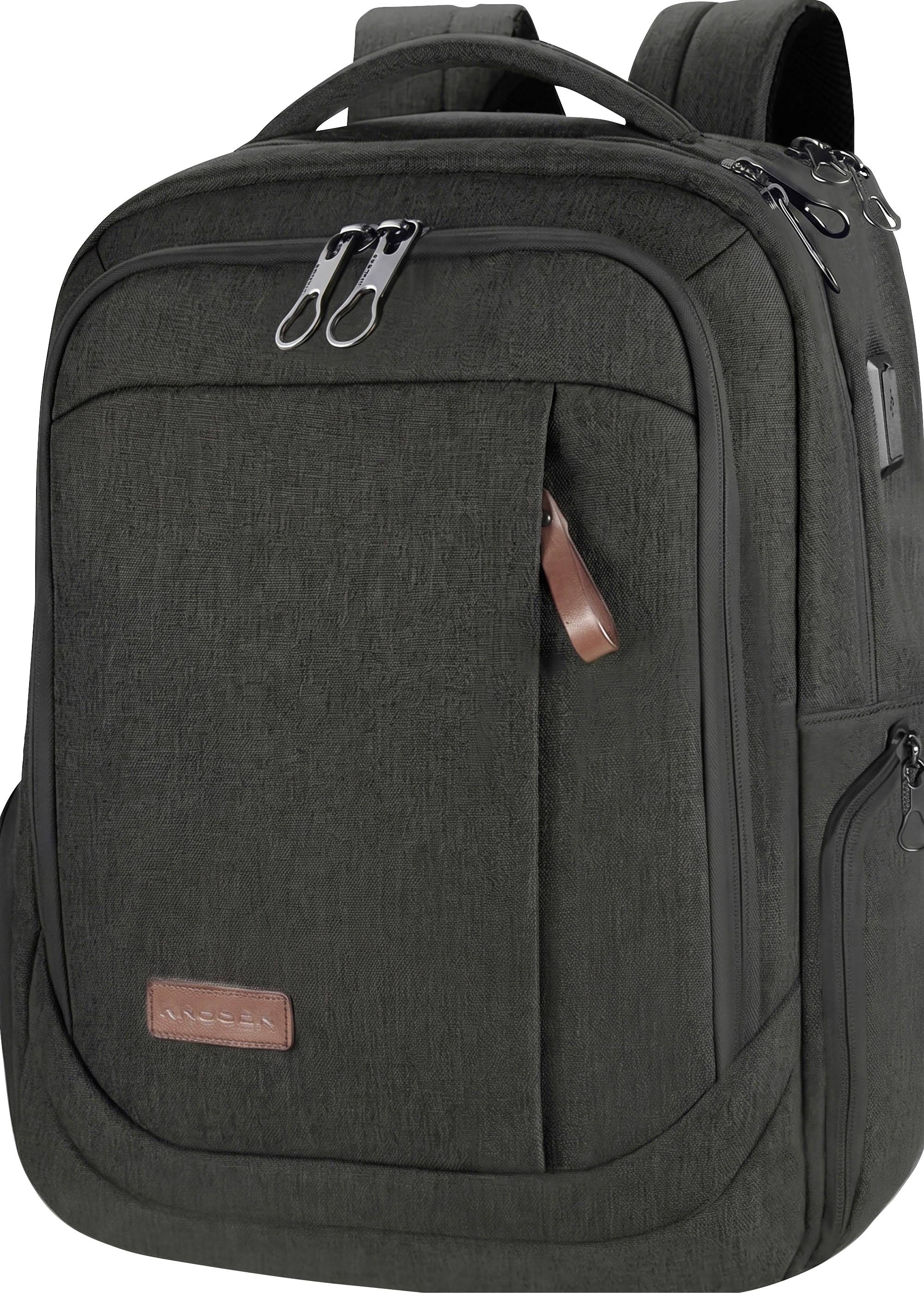 Black backpack with padded top handle, front zip pocket, and side compartments, shown on a white background.