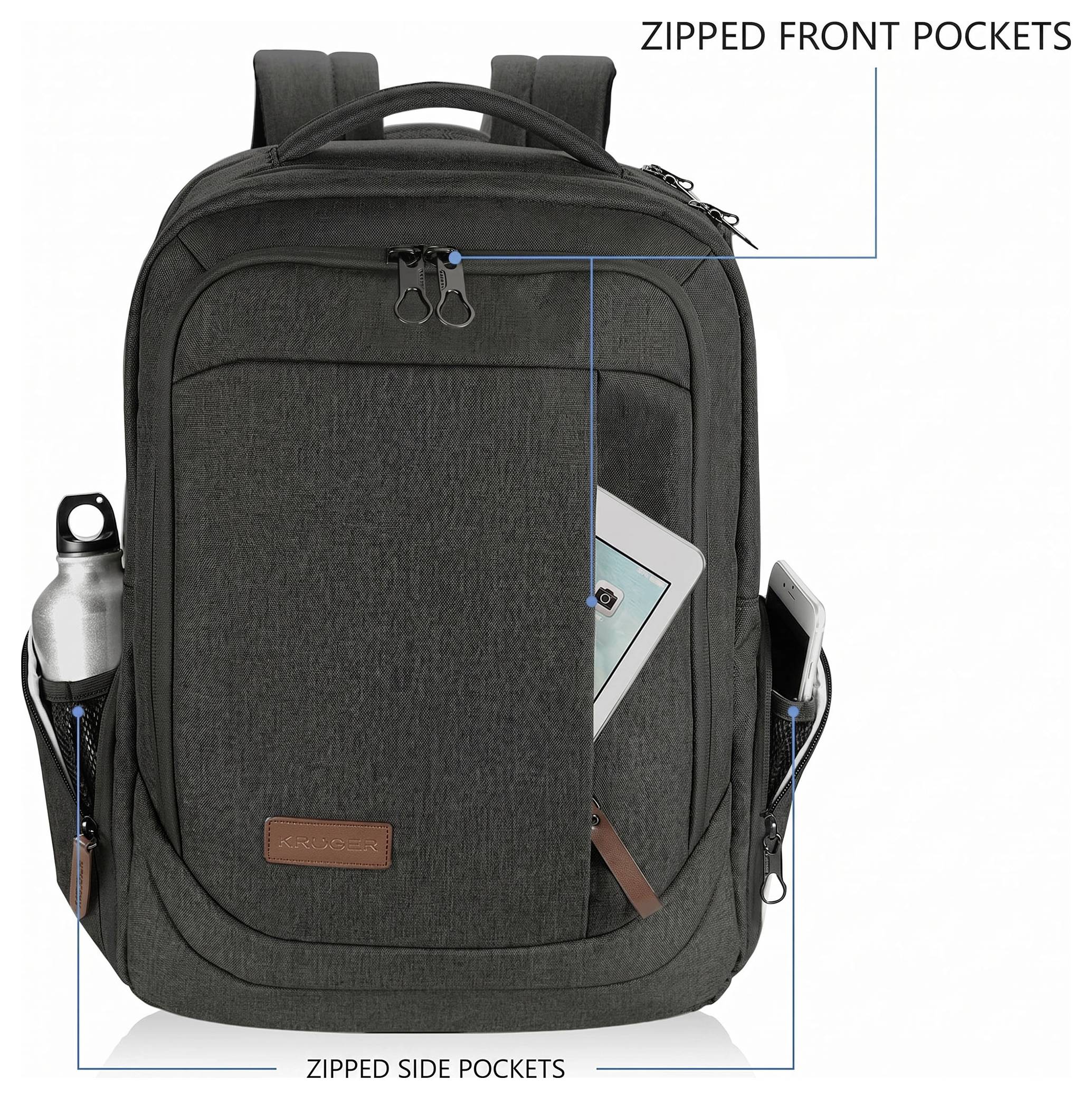 Black backpack with a large front zip pocket and two side zip pockets, shown holding a water bottle, tablet, and phone.<br>