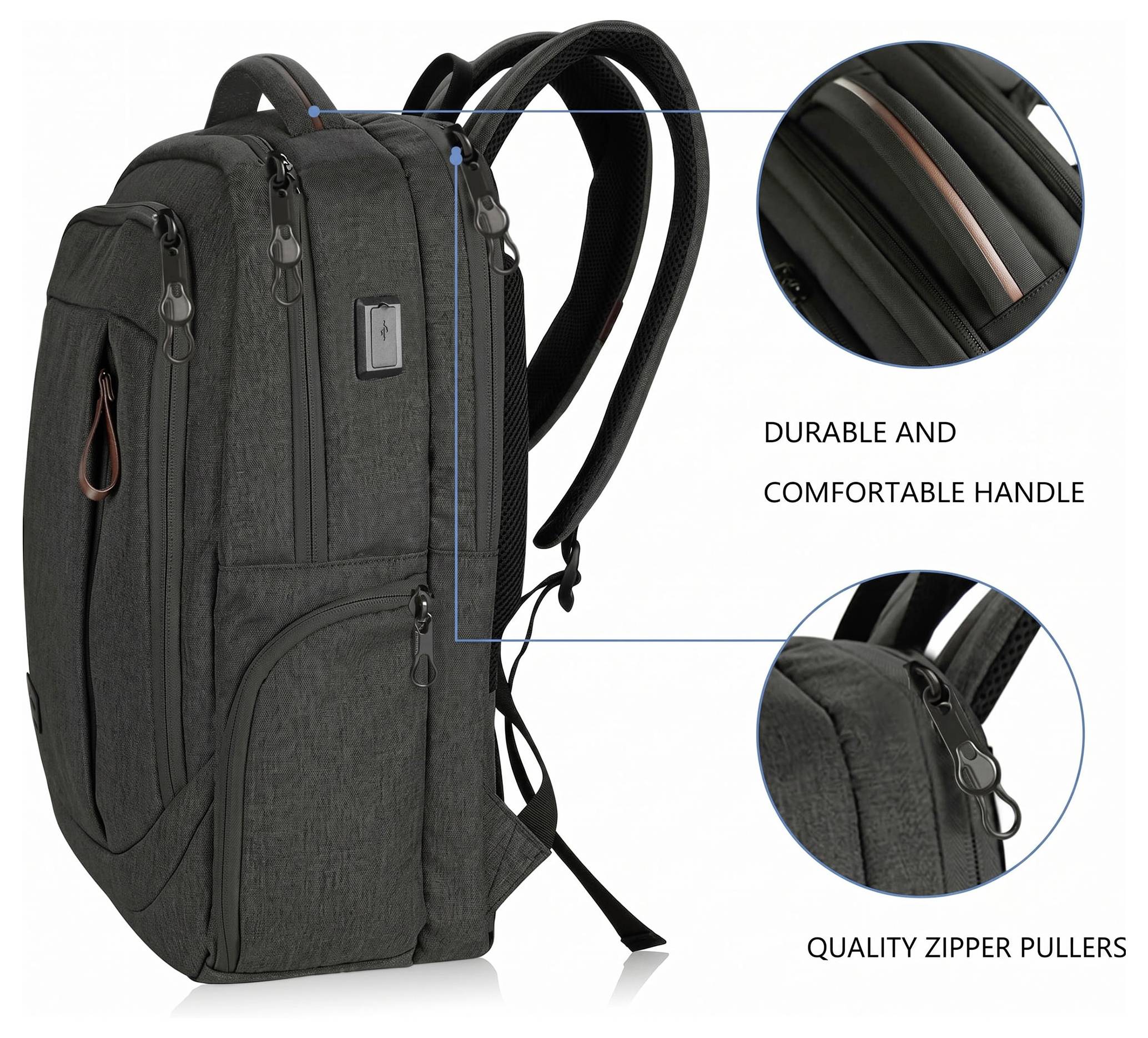 Black backpack shown with callouts highlighting a durable comfortable handle and quality zipper pullers.<br>
