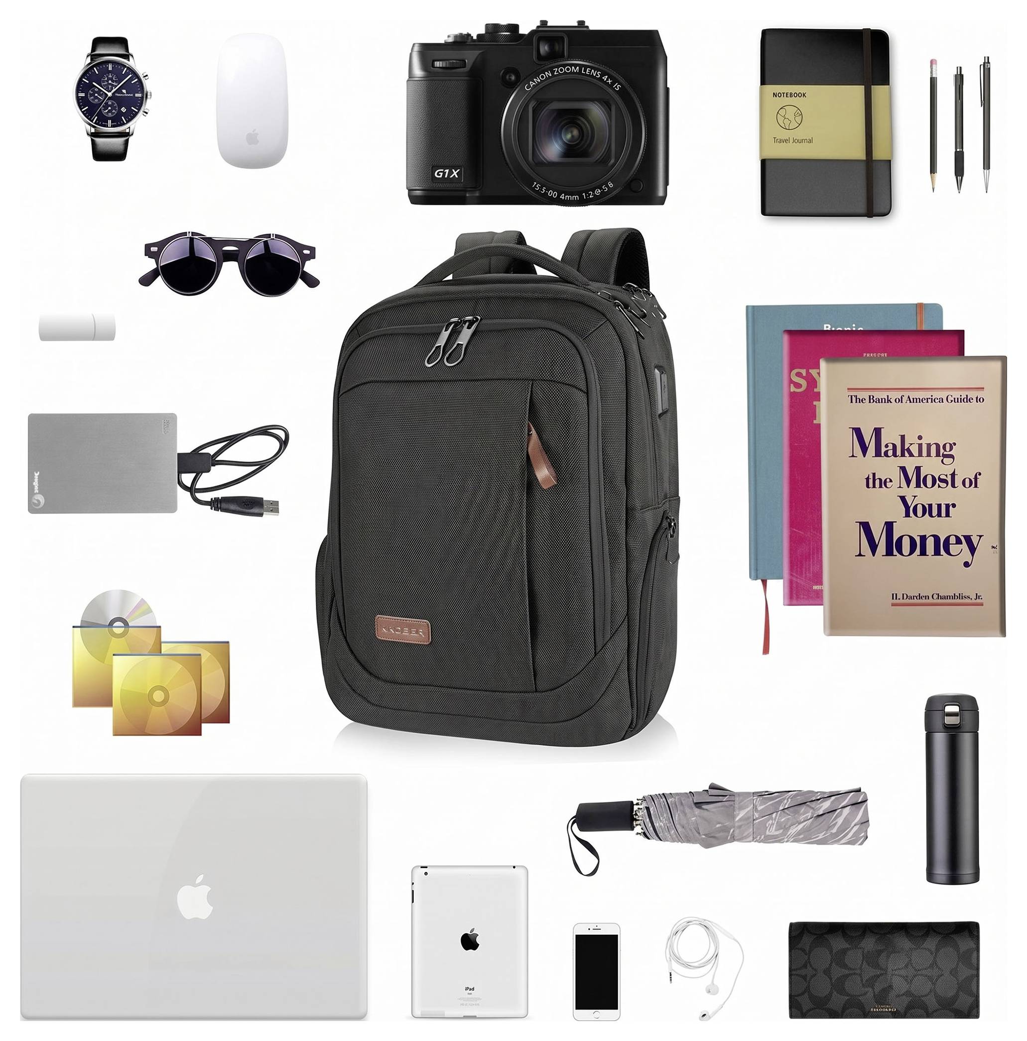 Black backpack centered, surrounded by travel and tech items including camera, laptop, tablet, phone, watch, sunglasses, notebook, books, charger, umbrella, and water bottle.<br>