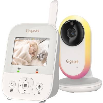 Gigaset baby monitor set with handheld screen showing a sleeping baby and teddy bear, plus a camera on a round base.<br>