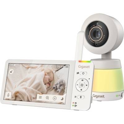 Gigaset baby monitor with screen showing a sleeping baby, parent unit controls, and camera with night light.
