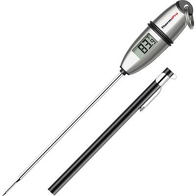 Digital probe thermometer with long stainless steel stem, protective black sleeve, and display showing 89.9.<br>
