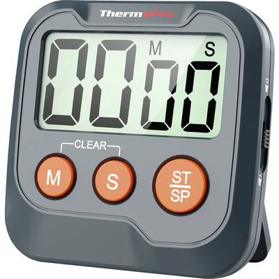 Digital ThermoPro timer display showing 00:00 with M and S indicators, and three orange buttons labeled M, S, and ST/SP.