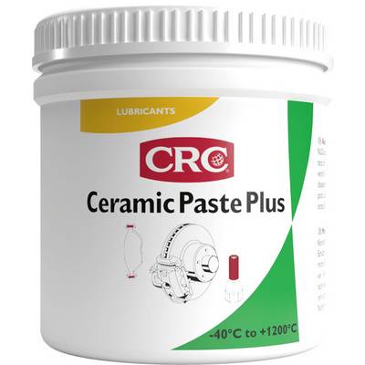 Container of CRC Ceramic Paste Plus lubricant, labeled for -40°C to +1200°C use, with brake/parts illustration on the front.