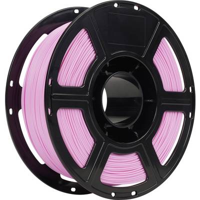 Spool of pink 3D printer filament on a black reel, shown against a white background.