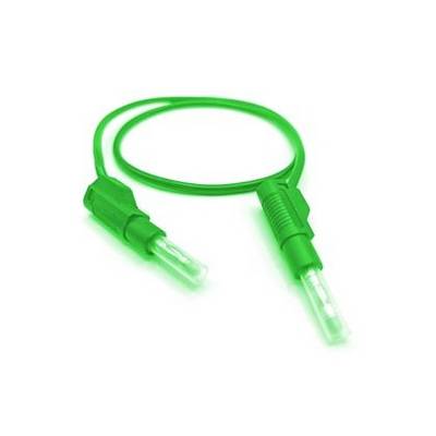 Green electrical test lead with two connector plugs on a white background.