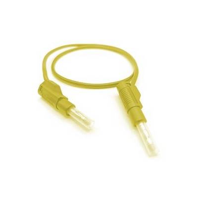 Yellow fiber optic cable with two clear connector ends on a white background.