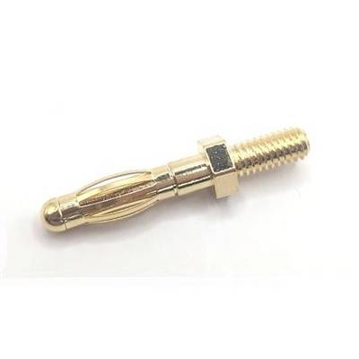 Close-up of a gold-colored banana plug connector with a threaded end, shown on a white background.