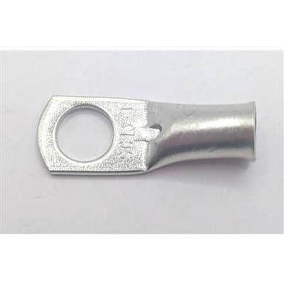 A silver metal ring terminal connector with a circular hole and crimped barrel, shown on a white background.