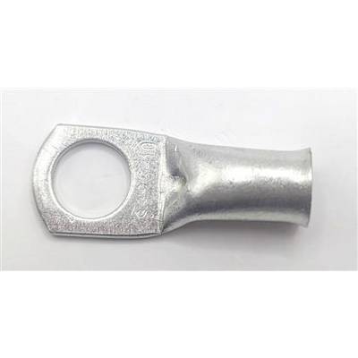 Metal electrical cable lug connector with a circular ring terminal and crimped tube end on a white background