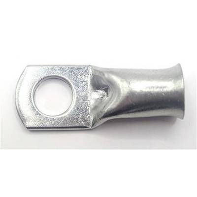Close-up of a metal ring terminal lug with a circular hole and crimped connector barrel on a white background.