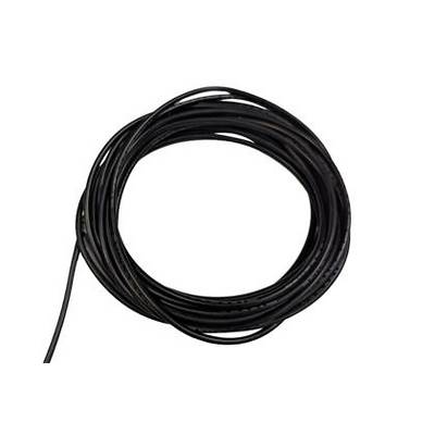 Coiled black cable or wire with one end extending downward on a white background.
