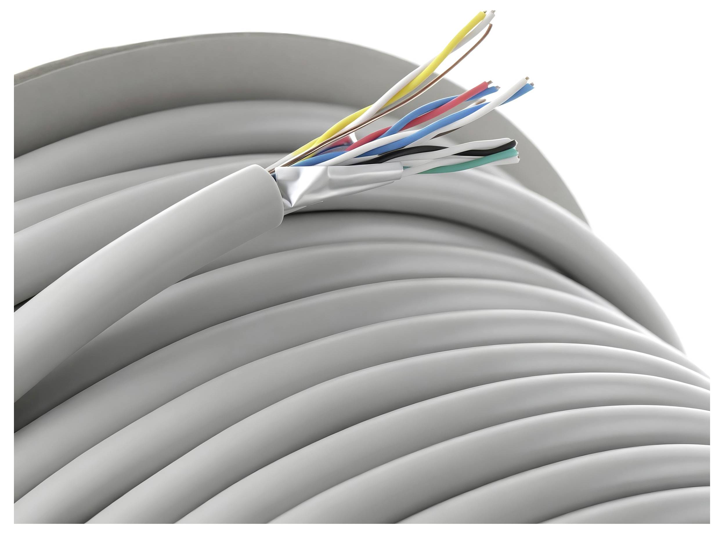 Close-up of a damaged gray cable with exposed colored wires sticking out of the cut end.