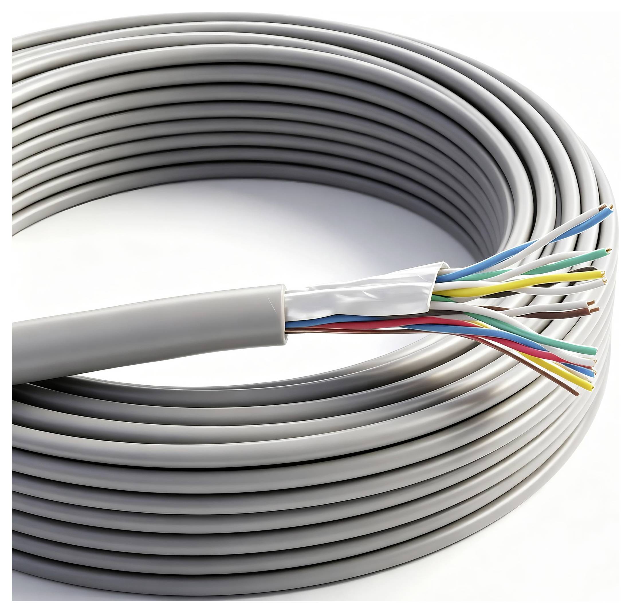 Coiled gray multi-core cable with exposed colored wires at the cut end, showing a stripped electrical or data cable.<br>