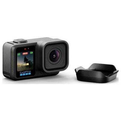 GoPro action camera with front and rear display shown next to a separate mounting accessory on a white background.