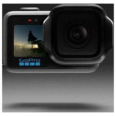 Front view of a GoPro action camera with a large lens and small display showing an action scene and GoPro logo.