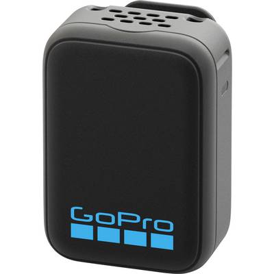 Black GoPro camera accessory or speaker with blue GoPro logo on the front<br>