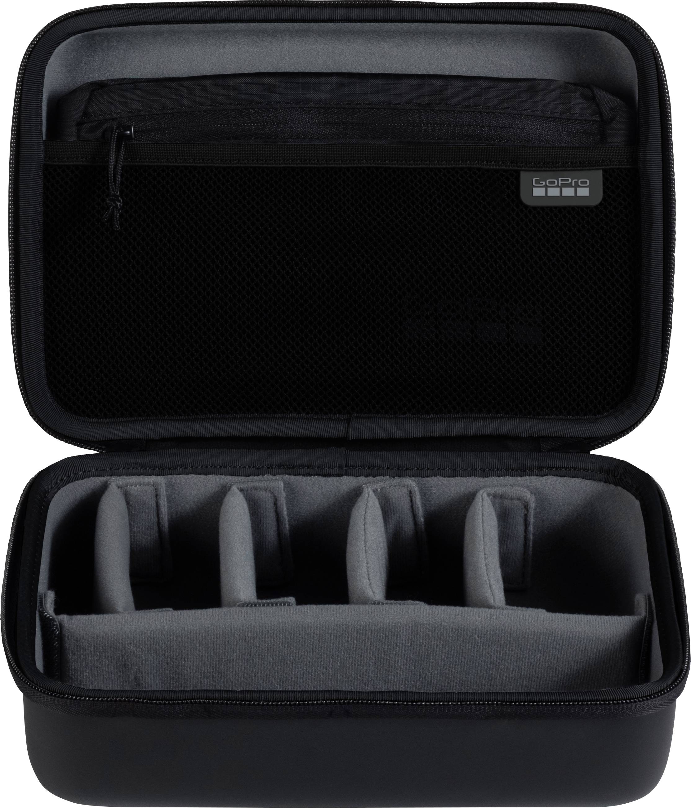 Open black GoPro carrying case with zippered mesh lid and padded dividers for camera accessories.