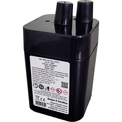 Black rechargeable battery pack with two top terminals and a product label, shown in a product photo on a white background.