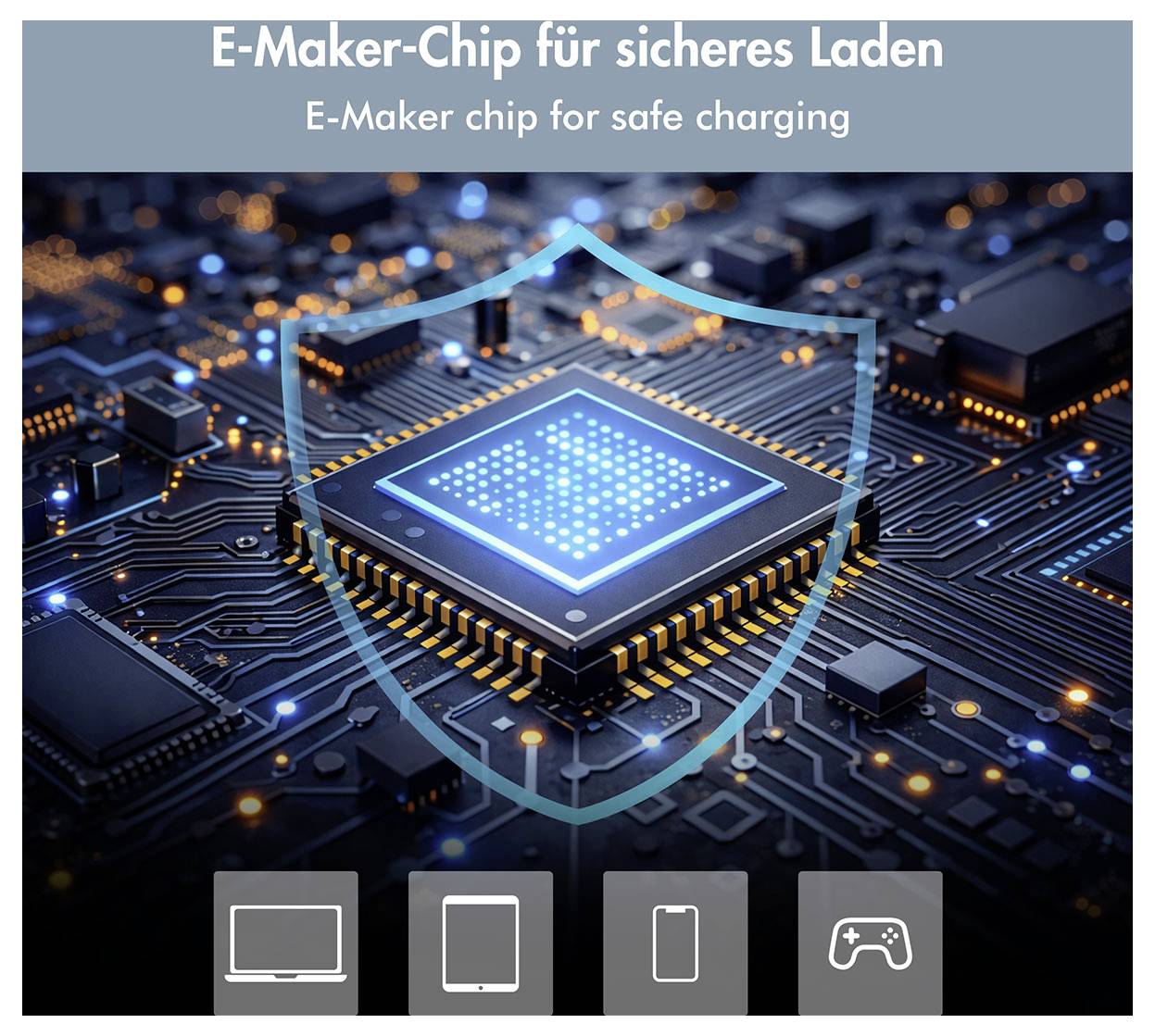 Promotional graphic of an E-Maker chip for safe charging, showing a glowing microchip protected by a shield icon, with laptop, phone, and game controller symbols below.