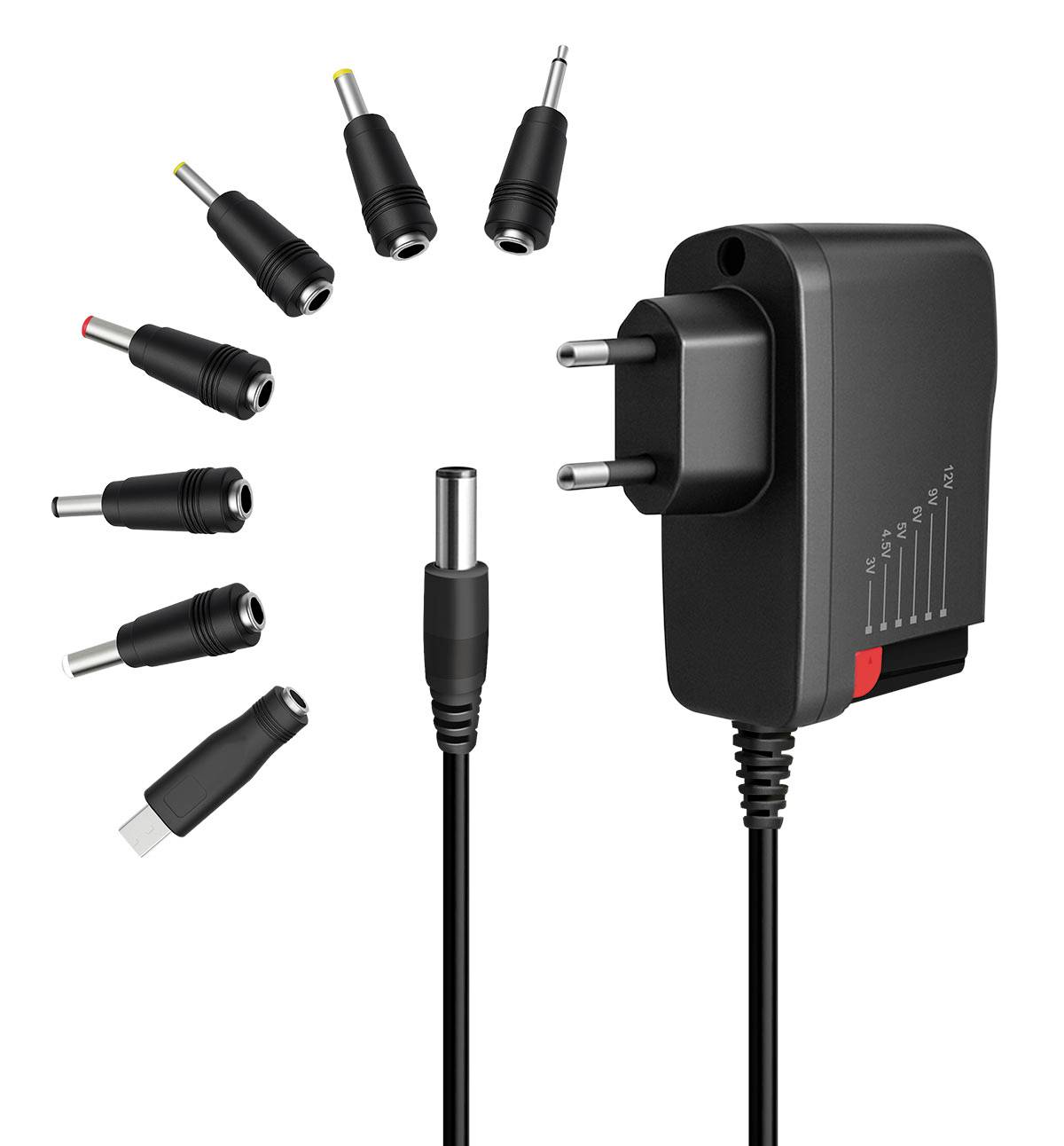 Universal power adapter with interchangeable plug tips and a DC barrel connector, showing compatibility for multiple devices and outlets.