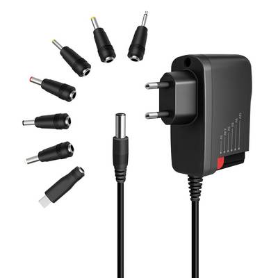 Universal power adapter with interchangeable plug tips and a DC barrel connector, showing compatibility for multiple devices and outlets.