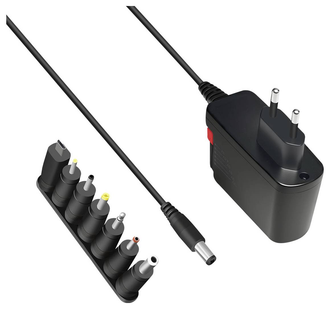 Universal AC power adapter with interchangeable plug tips and cable, shown with a European two-pin wall plug and multiple connector ends.<br>