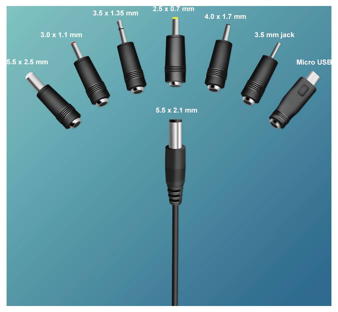 Diagram of power and device connector tips labeled with sizes: 5.5 x 2.5 mm, 3.0 x 1.1 mm, 3.5 x 1.35 mm, 2.5 x 0.7 mm, 4.0 x 1.7 mm, 3.5 mm jack, Micro USB, and 5.5 x 2.1 mm.
