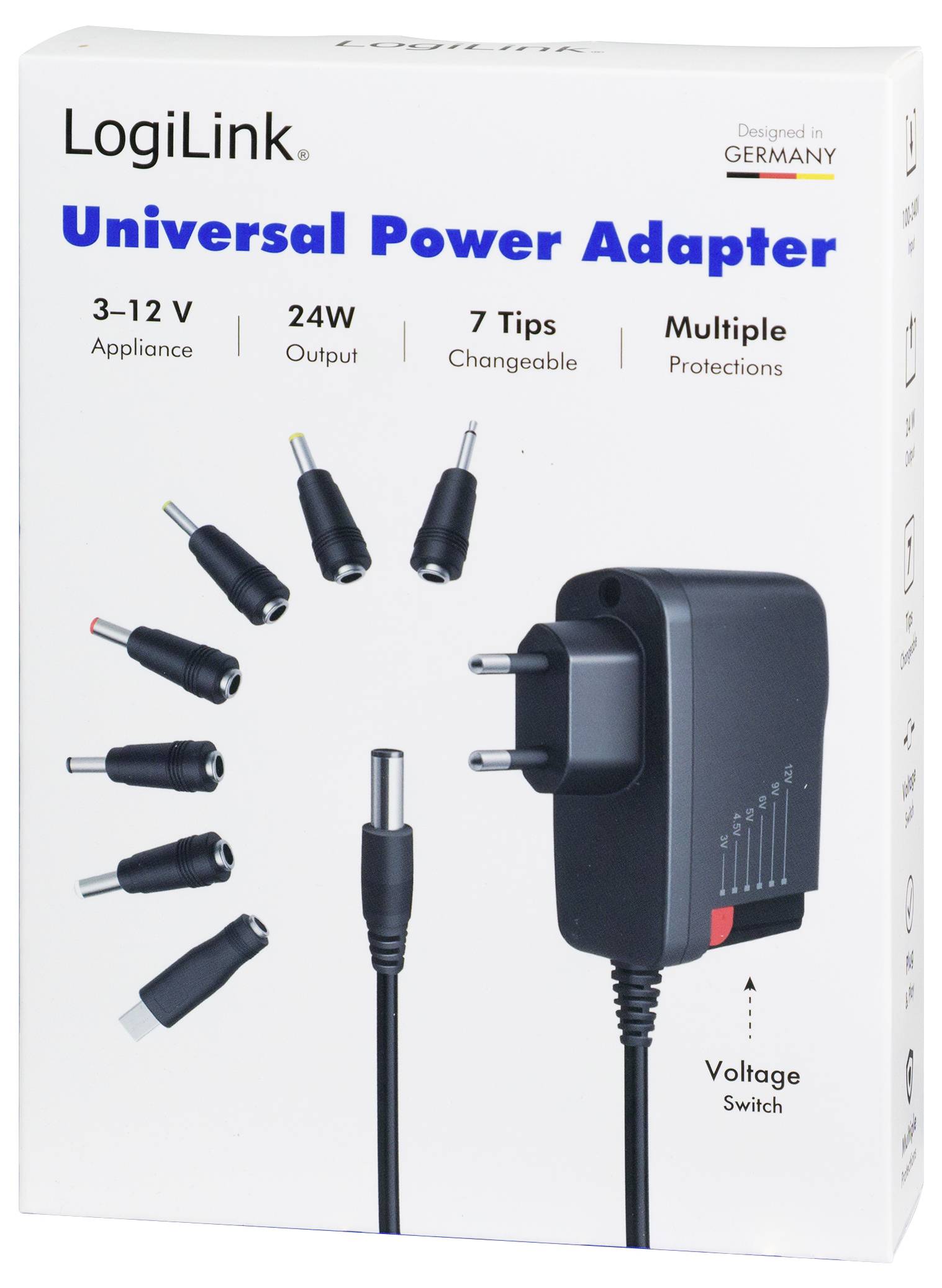 LogiLink Universal Power Adapter box showing a 3-12V, 24W adapter with 7 interchangeable tips, multiple protections, and a voltage switch.<br>