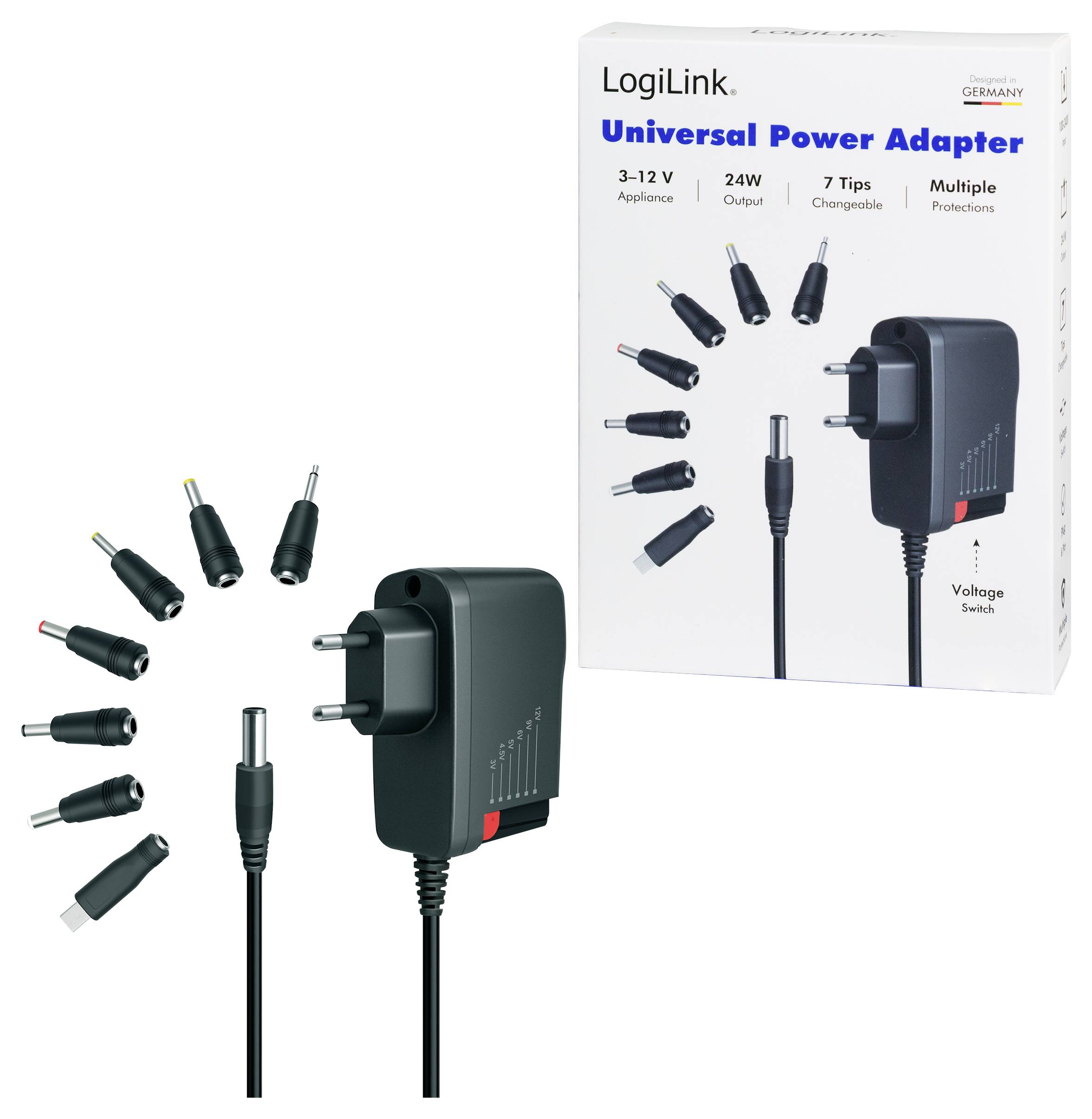 LogiLink universal power adapter with 7 interchangeable plug tips, 3–12V output, shown with product box and voltage switch.