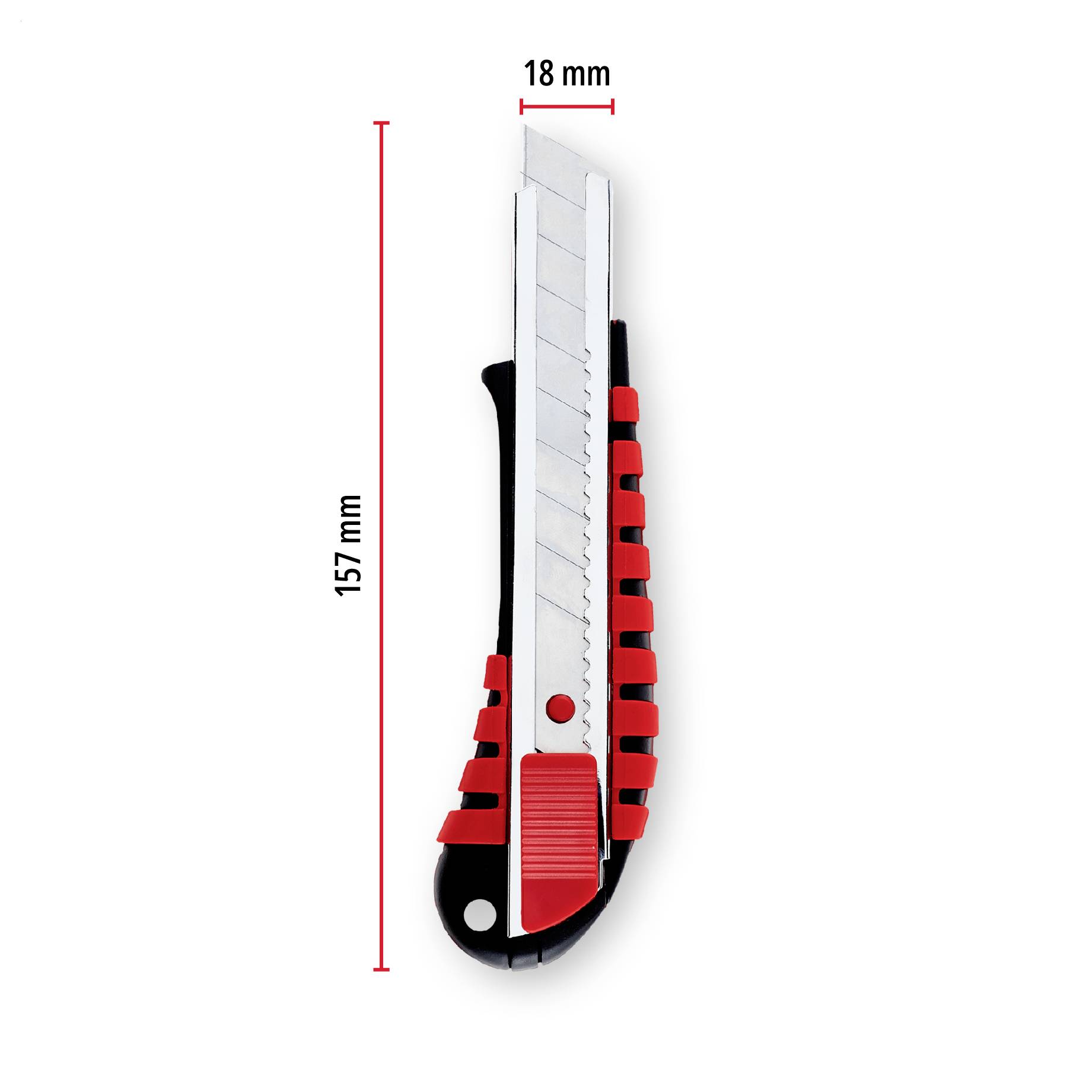 Product image of a retractable utility knife with red-and-black handle, labeled dimensions 157 mm long and 18 mm wide.