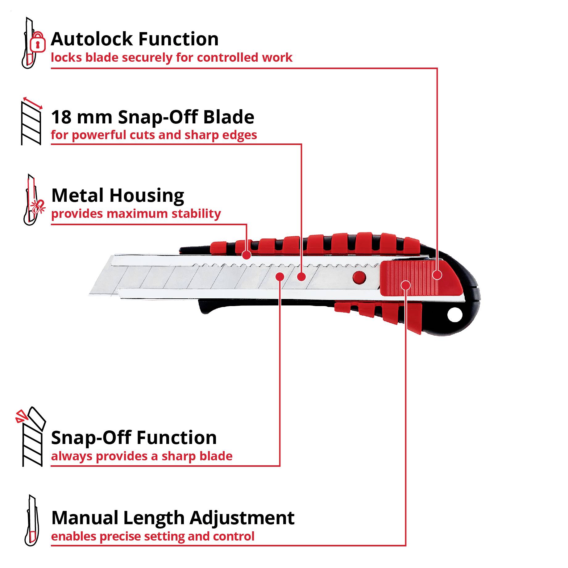 Infographic of a utility knife with labelled features: Auto-lock, 18 mm snap-off blade, metal housing, snap-off function and manual length adjustment.